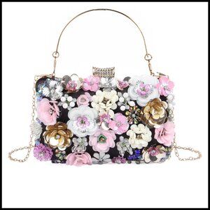 Floral Rhinestone Evening Clutch Elegant Wedding Party Bag Detachable Chain